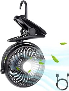 ajoyeux battery operated clip on fan, portable rechargeable usb personal fan 3 in 1 with hook and led for camping, stroller, car seat, office