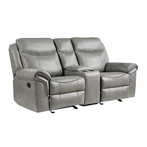 Lexicon Braelyn Faux Leather Double Glider Reclining Loveseat with Center Console, Receptacles, and USB Ports, 80" W, Gray