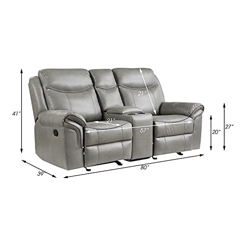 Lexicon Braelyn Faux Leather Double Glider Reclining Loveseat with Center Console, Receptacles, and USB Ports, 80" W, Gray