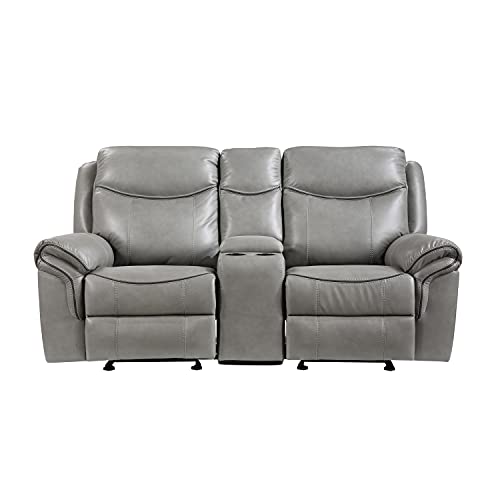 Lexicon Braelyn Faux Leather Double Glider Reclining Loveseat with Center Console, Receptacles, and USB Ports, 80" W, Gray