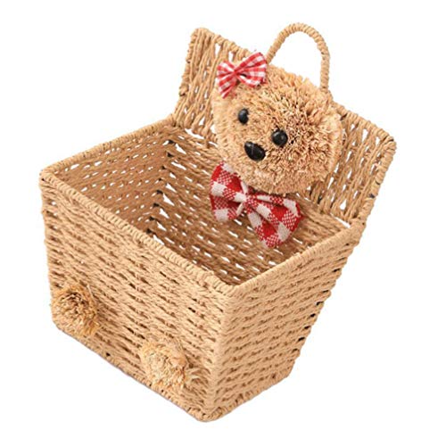 DOITOOL Bear Storage Basket Willow Basket Rustic Hanging Woven Storage Bin Desktop Sundries Makeup Basket with Lid Handle Multifunctional Wicker Organizer Khaki