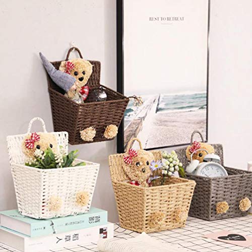 DOITOOL Bear Storage Basket Willow Basket Rustic Hanging Woven Storage Bin Desktop Sundries Makeup Basket with Lid Handle Multifunctional Wicker Organizer Khaki