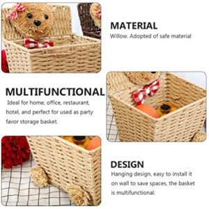 DOITOOL Bear Storage Basket Willow Basket Rustic Hanging Woven Storage Bin Desktop Sundries Makeup Basket with Lid Handle Multifunctional Wicker Organizer Khaki