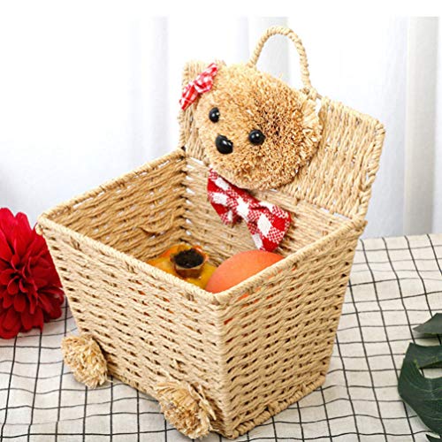 DOITOOL Bear Storage Basket Willow Basket Rustic Hanging Woven Storage Bin Desktop Sundries Makeup Basket with Lid Handle Multifunctional Wicker Organizer Khaki