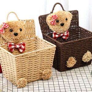 DOITOOL Bear Storage Basket Willow Basket Rustic Hanging Woven Storage Bin Desktop Sundries Makeup Basket with Lid Handle Multifunctional Wicker Organizer Khaki