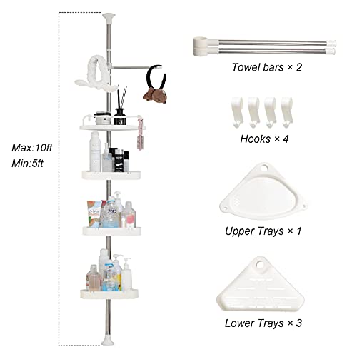 Corner Shower Caddy Tension Pole - Standing Shower Caddy Shelves Rustproof,Stand Up Shower Caddy Rack Organizer for Bathroom,Bathtub,with 1 Upper Shelf, 3 Lower Shelves