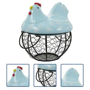 DOITOOL Metal Mesh Egg Basket Ceramic Egg Storage Basket with Farm Chicken Top for Home Kitchen Egg Holder Food Storage Container (Blue)