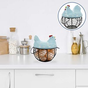 DOITOOL Metal Mesh Egg Basket Ceramic Egg Storage Basket with Farm Chicken Top for Home Kitchen Egg Holder Food Storage Container (Blue)