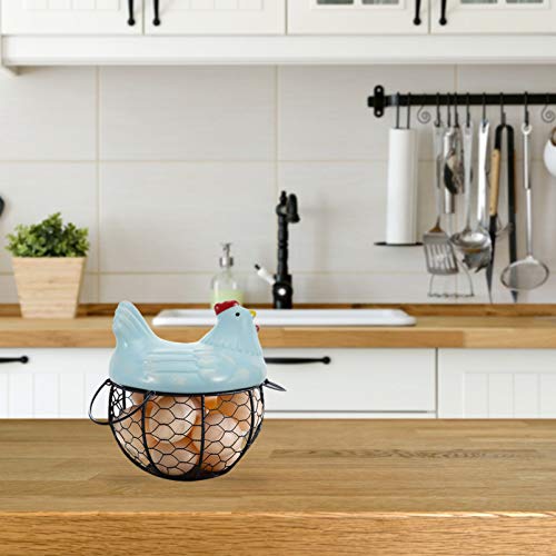 DOITOOL Metal Mesh Egg Basket Ceramic Egg Storage Basket with Farm Chicken Top for Home Kitchen Egg Holder Food Storage Container (Blue)