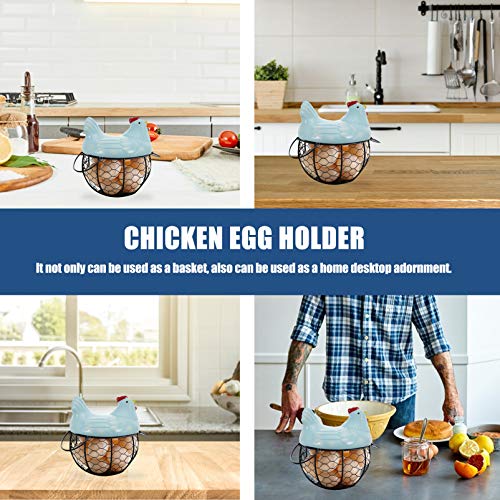 DOITOOL Metal Mesh Egg Basket Ceramic Egg Storage Basket with Farm Chicken Top for Home Kitchen Egg Holder Food Storage Container (Blue)