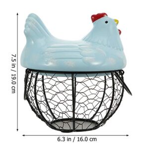 DOITOOL Metal Mesh Egg Basket Ceramic Egg Storage Basket with Farm Chicken Top for Home Kitchen Egg Holder Food Storage Container (Blue)