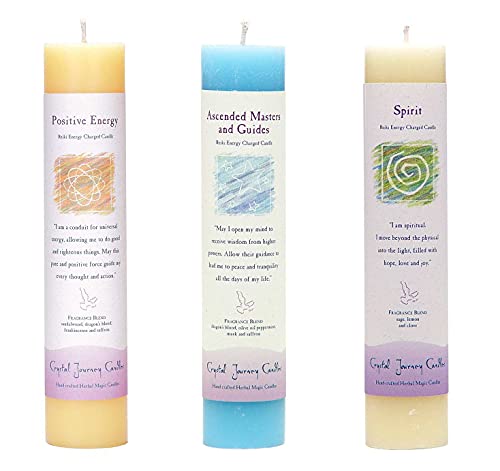 Crystal Journey Reiki Charged Herbal Pillar Candle Bundle (Positive Energy, Ascended Masters and Guides, Spirit) Each 7"x1.5" Handcrafted with Lead-Free Materials