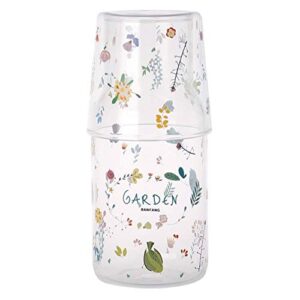 sizikato 16 oz clear glass bedside night water carafe with tumbler glass, garden flower and bird pattern.