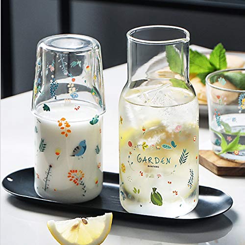 Sizikato 16 Oz Clear Glass Bedside Night Water Carafe with Tumbler Glass, Garden Flower and Bird Pattern.