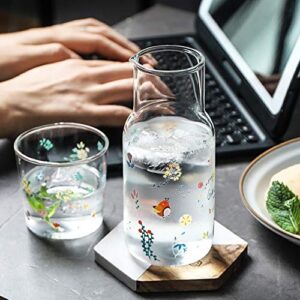 Sizikato 16 Oz Clear Glass Bedside Night Water Carafe with Tumbler Glass, Garden Flower and Bird Pattern.