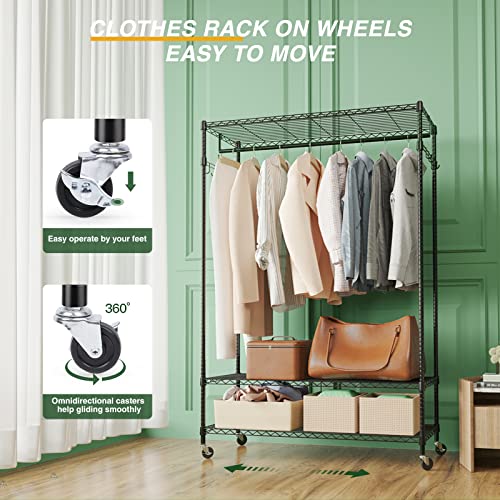 LEHOM G1 3 Tiers Garment Rack with Storage Shelves, Heavy Duty Rolling Free-Standing Clothing Rack Closet Organizer with Double Rods/Lockable Wheels & 2 Pairs Side Hooks, Max Load 450 LBS, Black