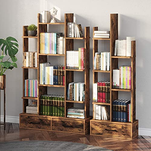 Rolanstar Bookshelf Bookcase with Drawer, Free Standing Tree Bookcase, Display Floor Standing Storage Shelf for Books CDs Plants,Utility Organizer Shelves for Living Room, Bedroom,Rustic Brown