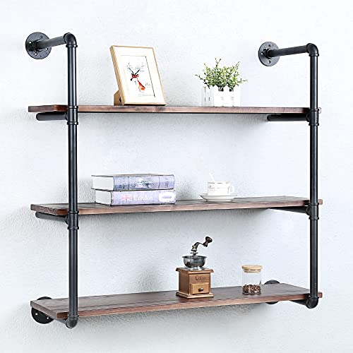 SUJIN Industrial Pipe Shelving Floating Shelves for Wall,Pipe Shelves with Wood Rustic Wall Shelves,36in Pipe Wall Shelf Metal Floating Shelf Wall Mounted,Iron Floating Bookshelf Hanging Book Shelves