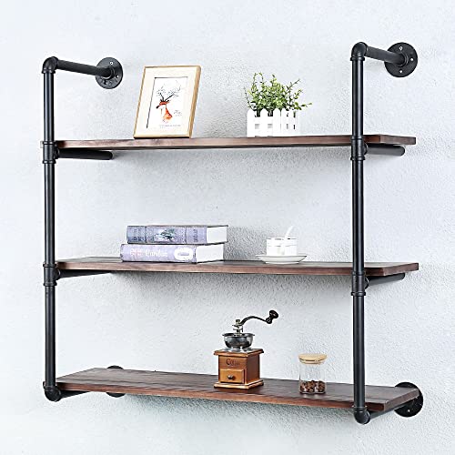 SUJIN Industrial Pipe Shelving Floating Shelves for Wall,Pipe Shelves with Wood Rustic Wall Shelves,36in Pipe Wall Shelf Metal Floating Shelf Wall Mounted,Iron Floating Bookshelf Hanging Book Shelves