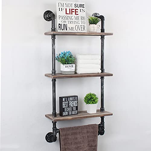 Murtain Industrial Pipe Bathroom Shelves 3-Tier Wall Mounted,19.7 inch Rustic Wall Shelf with Bath Towel Bars,Farmhouse Towel Rack,Metal & Wooden Floating Shelves,Over The Toilet Storage Shelf