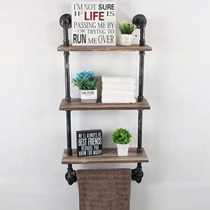 Murtain Industrial Pipe Bathroom Shelves 3-Tier Wall Mounted,19.7 inch Rustic Wall Shelf with Bath Towel Bars,Farmhouse Towel Rack,Metal & Wooden Floating Shelves,Over The Toilet Storage Shelf