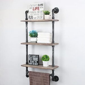 Murtain Industrial Pipe Bathroom Shelves 3-Tier Wall Mounted,19.7 inch Rustic Wall Shelf with Bath Towel Bars,Farmhouse Towel Rack,Metal & Wooden Floating Shelves,Over The Toilet Storage Shelf