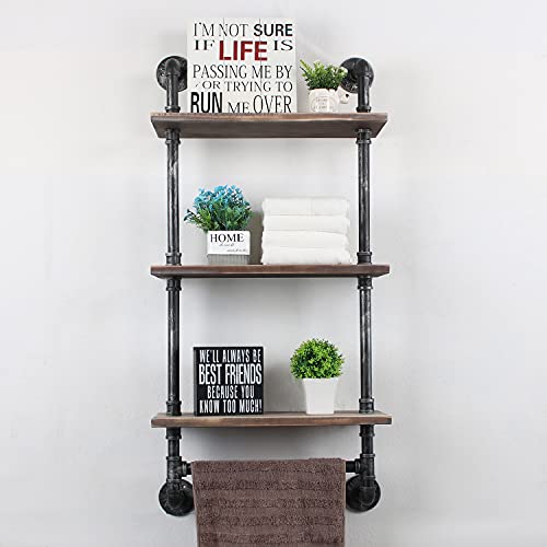 Murtain Industrial Pipe Bathroom Shelves 3-Tier Wall Mounted,19.7 inch Rustic Wall Shelf with Bath Towel Bars,Farmhouse Towel Rack,Metal & Wooden Floating Shelves,Over The Toilet Storage Shelf