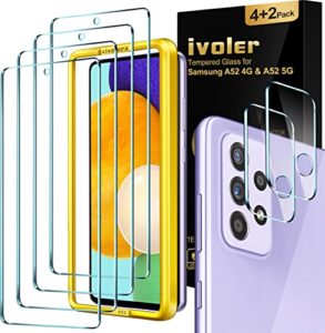 [4+2 pack] ivoler screen protector for samsung galaxy a52 5g&4g/ a52s 5g [4 pack] with 2 pack camera lens protector tempered glass for samsung a52 5g&4g/ a52s 5g with easy installation frame, 6.5 inch