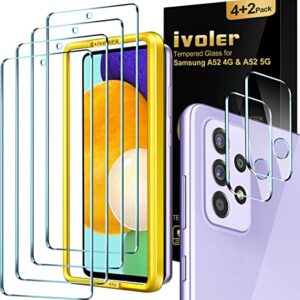 [4+2 Pack] iVoler Screen Protector for Samsung Galaxy A52 5G&4G/ A52s 5G [4 Pack] with 2 Pack Camera Lens Protector Tempered Glass for Samsung A52 5G&4G/ A52s 5G with Easy Installation Frame, 6.5 inch