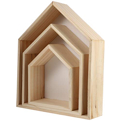 Wakauto 3pcs Wooden Floating Shelf House Shaped Wooden Shadow Cubby Box Display Shelf for Living Room Bedroom Home White