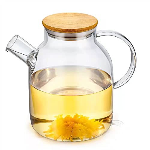 Popward 1800ml /60.9oz Glass Teapot with Infuser, Glass Pitcher with Bamboo Lid, Tea Pot for Loose Tea, Teapot for Stovetop Safe, Clear Teapot, Glass Tea Pot, Glass Tea Kettle, Glass Pot