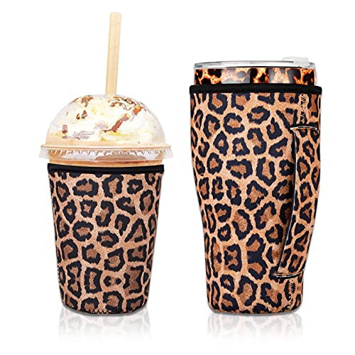 2 PCS Reusable Iced Coffee Sleeve for 24oz Cold Drinks Beverage,Insulated Neoprene Cup Holder with Handle for 30oz-32oz Tumbler Cup,Dunkin Donuts, Starbucks,McDonald's Coffee(Leopard)