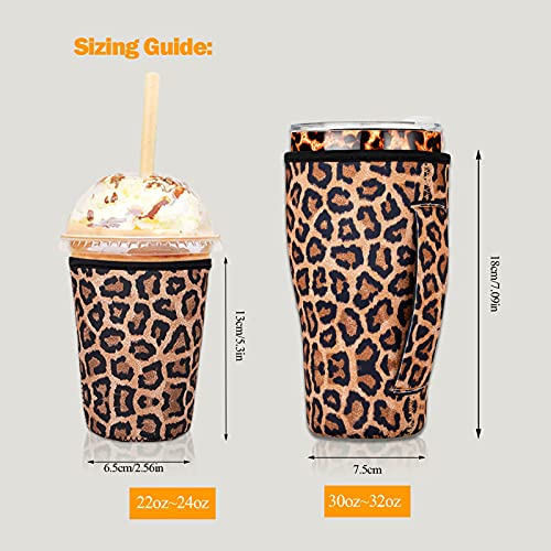 2 PCS Reusable Iced Coffee Sleeve for 24oz Cold Drinks Beverage,Insulated Neoprene Cup Holder with Handle for 30oz-32oz Tumbler Cup,Dunkin Donuts, Starbucks,McDonald's Coffee(Leopard)