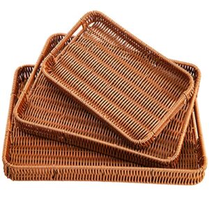 yarlung 3 pack woven baskets serving trays with handles, poly wicker bread baskets rectangular platters for fruit, vegetables, breakfast, drinks, snacks, dining coffee table, 3 sizes