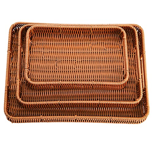 Yarlung 3 Pack Woven Baskets Serving Trays with Handles, Poly Wicker Bread Baskets Rectangular Platters for Fruit, Vegetables, Breakfast, Drinks, Snacks, Dining Coffee Table, 3 Sizes