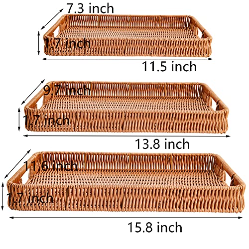 Yarlung 3 Pack Woven Baskets Serving Trays with Handles, Poly Wicker Bread Baskets Rectangular Platters for Fruit, Vegetables, Breakfast, Drinks, Snacks, Dining Coffee Table, 3 Sizes