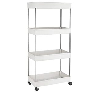 storage cart by pilito, rolling utility cart mobile shelving unit organizer with wheels for bathroom, kitchen, office, home, laundry room & dressers, plastic & stainless steel, white (4-tier)