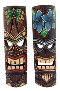 wowser hand crafted polynesian hawaiian style floral painted tiki masks, wall décor, set of 2 assorted colors,19 inches