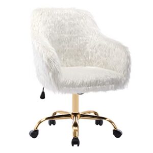 duhome faux fur home office chair for women, vanity chair for teen girls swivel desk chair with armrest, white