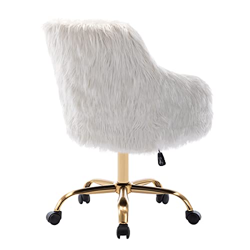 Duhome Faux Fur Home Office Chair for Women, Vanity Chair for Teen Girls Swivel Desk Chair with Armrest, White