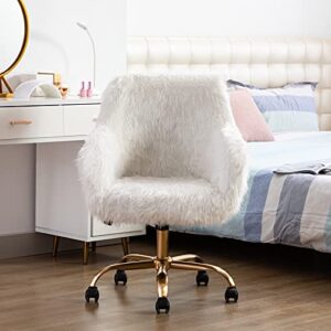 Duhome Faux Fur Home Office Chair for Women, Vanity Chair for Teen Girls Swivel Desk Chair with Armrest, White