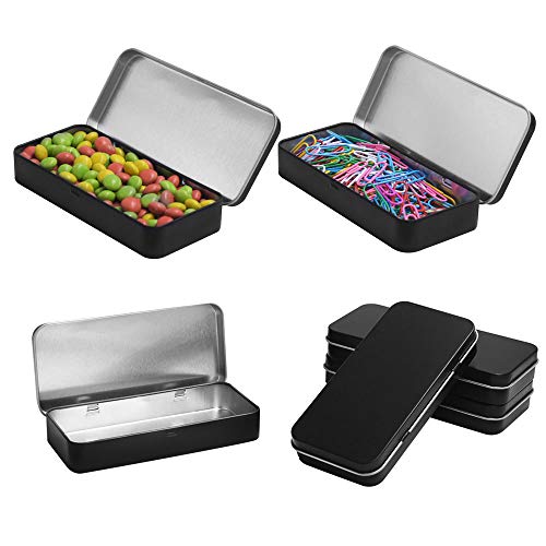 4 Pack Metal Rectangular Hinged Tin Boxes with Lid, 5.0x2.3x0.8 Inch, Black Metal Containers Portable Box Small Storage Kit Home Organizer, Model 128