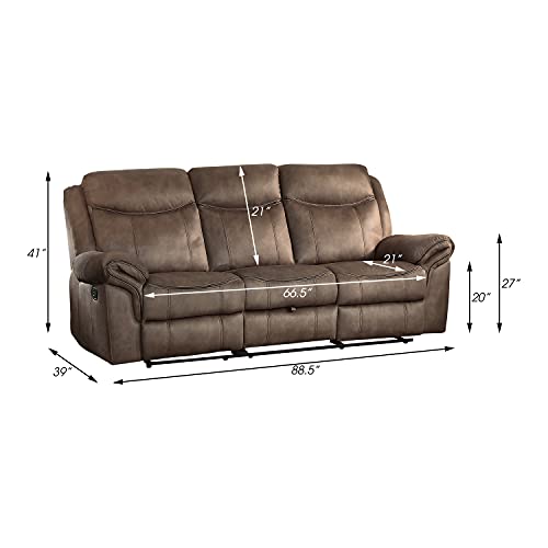 Lexicon Braelyn Fabric Double Reclining Sofa with Center Drop-Down Cup Holders, Receptacles, Hidden Drawer and USB Ports, 88.5" W, Brown