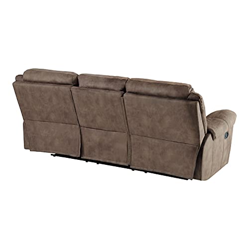 Lexicon Braelyn Fabric Double Reclining Sofa with Center Drop-Down Cup Holders, Receptacles, Hidden Drawer and USB Ports, 88.5" W, Brown