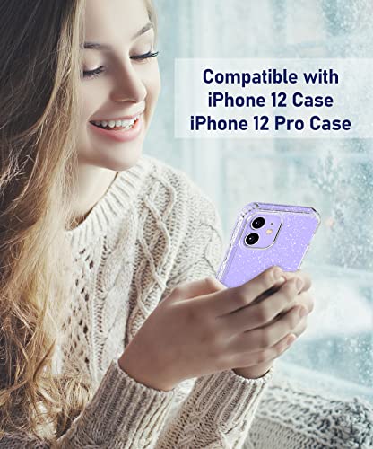 MIODIK for iPhone 12 Case and iPhone 12 Pro Case with Phone Stand, [Not Yellowing] Clear Glitter Shockproof Protective Phone Case, [Non-Slip] Slim Cover for Women Girls 6.1 Inch - Sparkle Clear