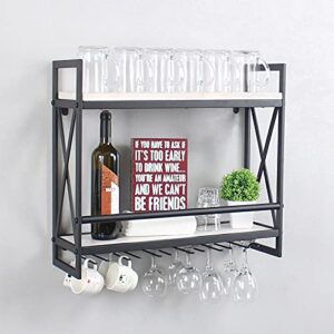 Industrial Wine Racks Wall Mounted with 6 Stem Glass Holder,Rustic Metal Hanging Wine Holder,2-Tiers Wall Mount Bottle Holder Glass Rack,Wood Shelves Wall Shelf Wine Accessories(24in,Vintage White)