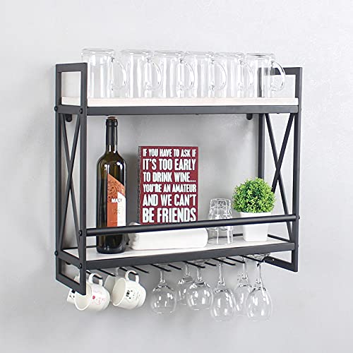 Industrial Wine Racks Wall Mounted with 6 Stem Glass Holder,Rustic Metal Hanging Wine Holder,2-Tiers Wall Mount Bottle Holder Glass Rack,Wood Shelves Wall Shelf Wine Accessories(24in,Vintage White)