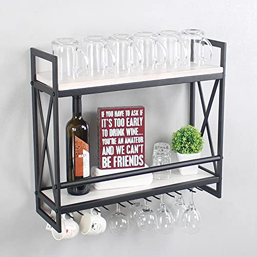 Industrial Wine Racks Wall Mounted with 6 Stem Glass Holder,Rustic Metal Hanging Wine Holder,2-Tiers Wall Mount Bottle Holder Glass Rack,Wood Shelves Wall Shelf Wine Accessories(24in,Vintage White)