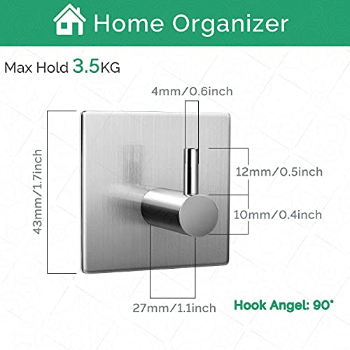 Generic Adhesive Hooks, Heavy Duty Towel Hooks for Hanging, Waterproof Stainless Steel Wall Hanging Coat Hat Robe, Modern Cabinet Closet Hanger Bathroom Bedroom Kitchen Door 4 Pack, Silver, (Li-HK04)