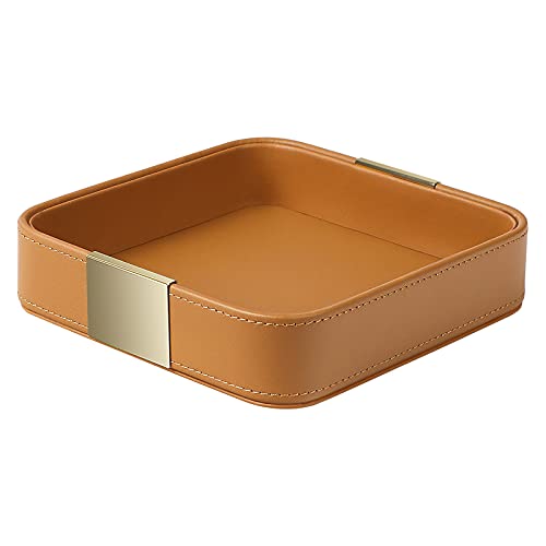 SANZIE Luxury Leather Desktop Storage, Small Catchall Organizer, Decorative Tray for Entryway Table to Hold Jewelry,Watch,Cosmetics,Keys,Phone,Wallet,Home & Office Accessories (Orange)